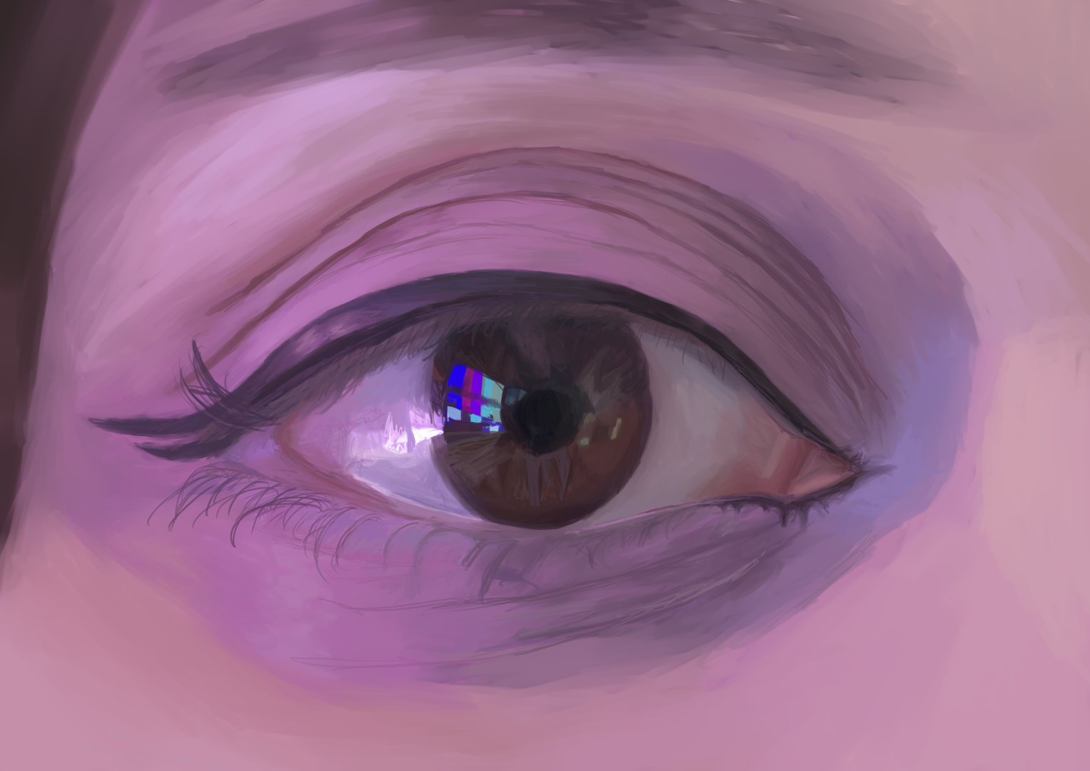 Extreme close painting of an eye, with a television test pattern reflected on the iris.